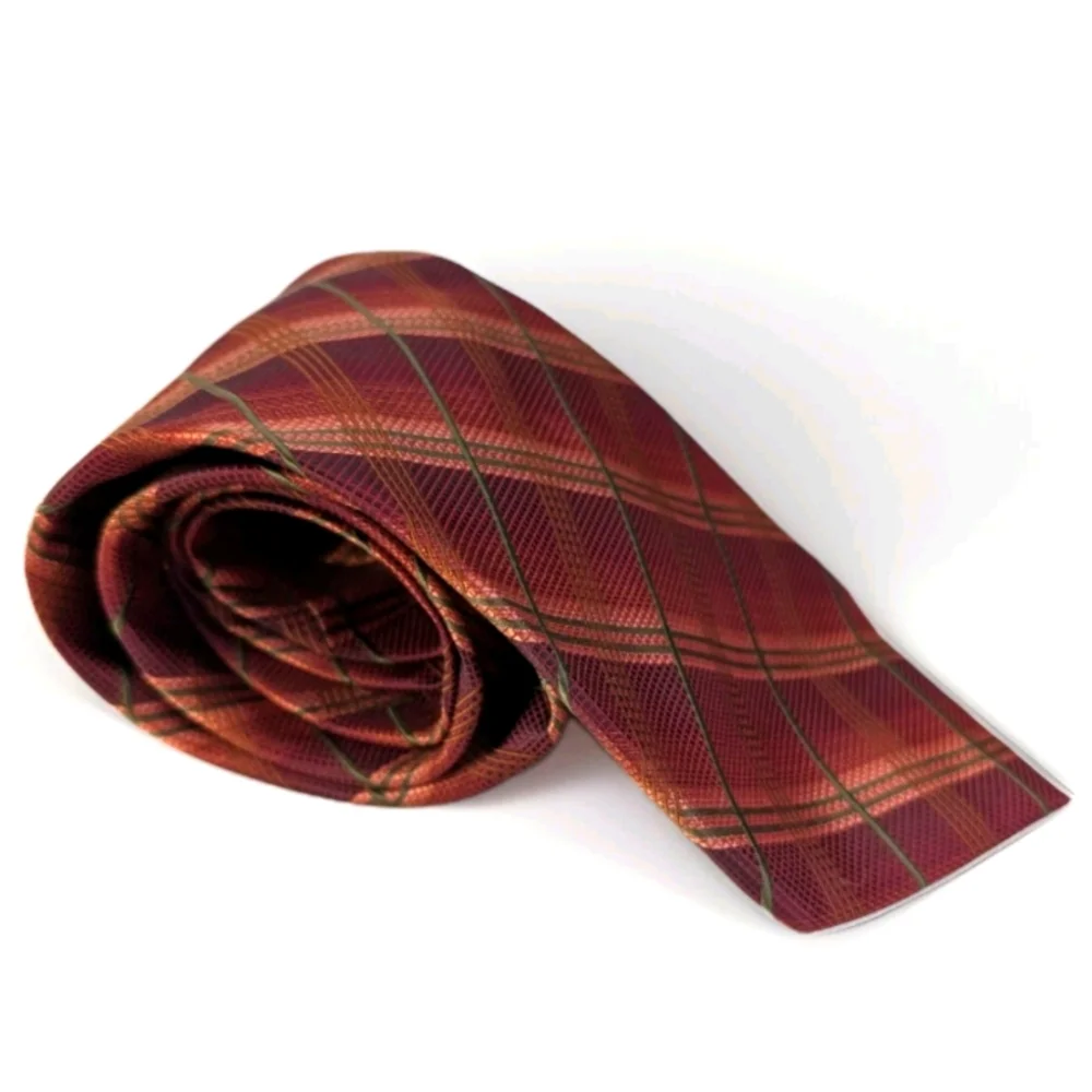 Kenneth Cole Men’s Silk Tie Red Orange Plaid Classic Business Formal